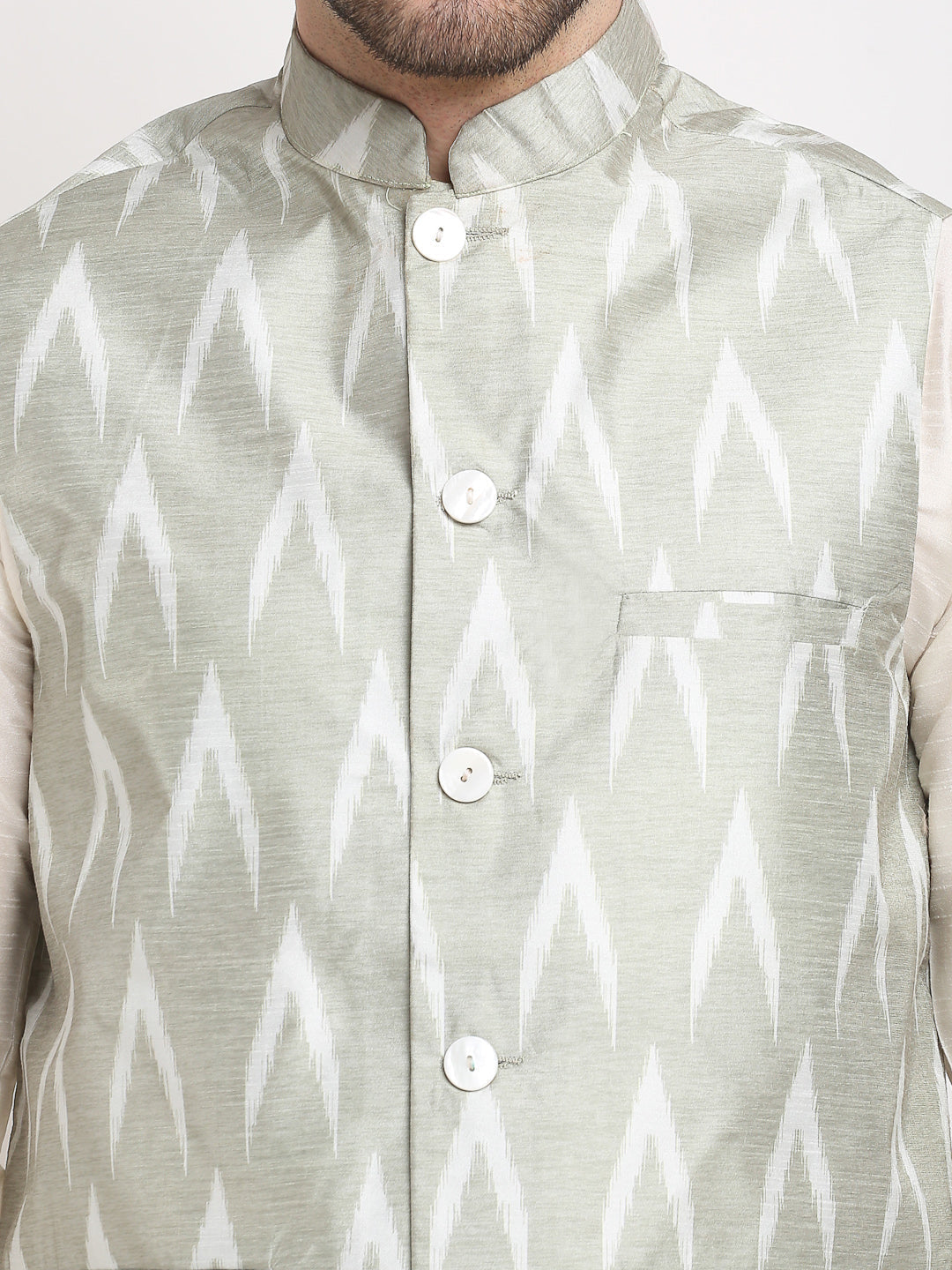 Jompers Men's Ikat Print Nehru Jacket & Kurta Pyjama ( Grey ) | Grocsy