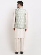 Jompers Men's Ikat Print Nehru Jacket & Kurta Pyjama ( Grey ) | Grocsy