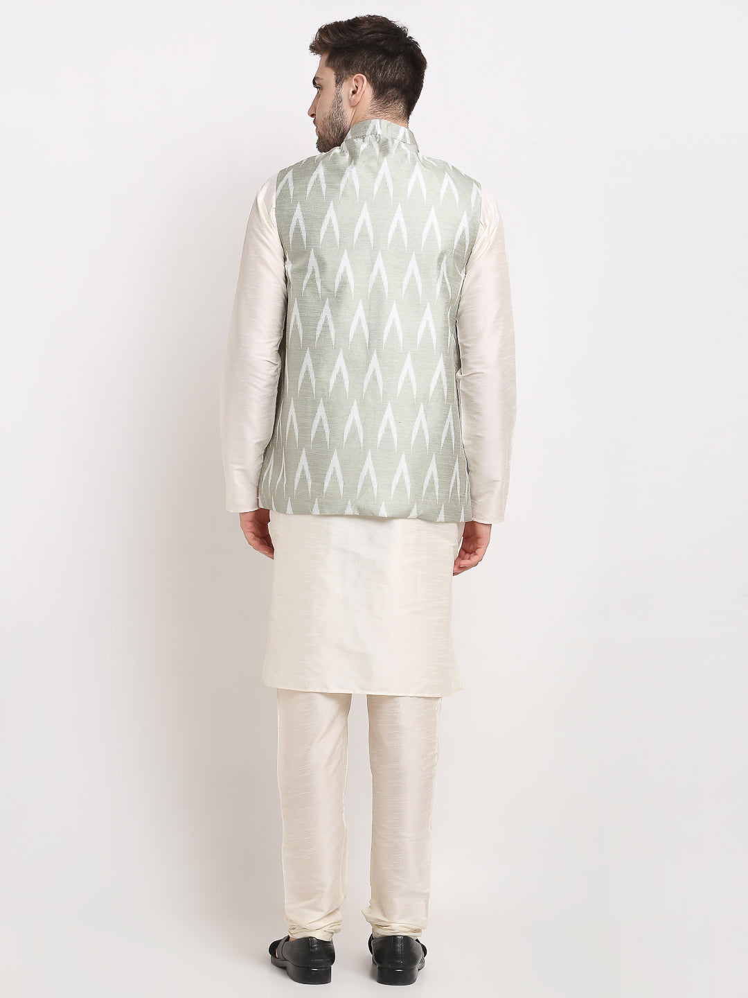 Jompers Men's Ikat Print Nehru Jacket & Kurta Pyjama ( Grey ) | Grocsy