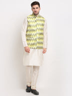 Jompers Men's Ikat Print Nehru Jacket & Kurta Pyjama ( Multi-Olive ) | Grocsy