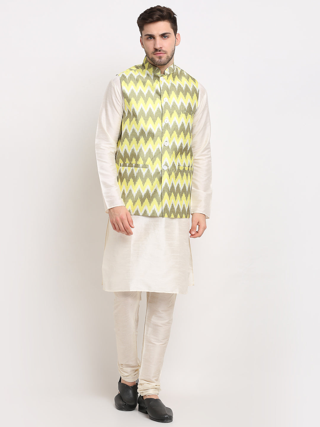 Jompers Men's Ikat Print Nehru Jacket & Kurta Pyjama ( Multi-Olive ) | Grocsy