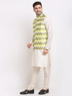 Jompers Men's Ikat Print Nehru Jacket & Kurta Pyjama ( Multi-Olive ) | Grocsy