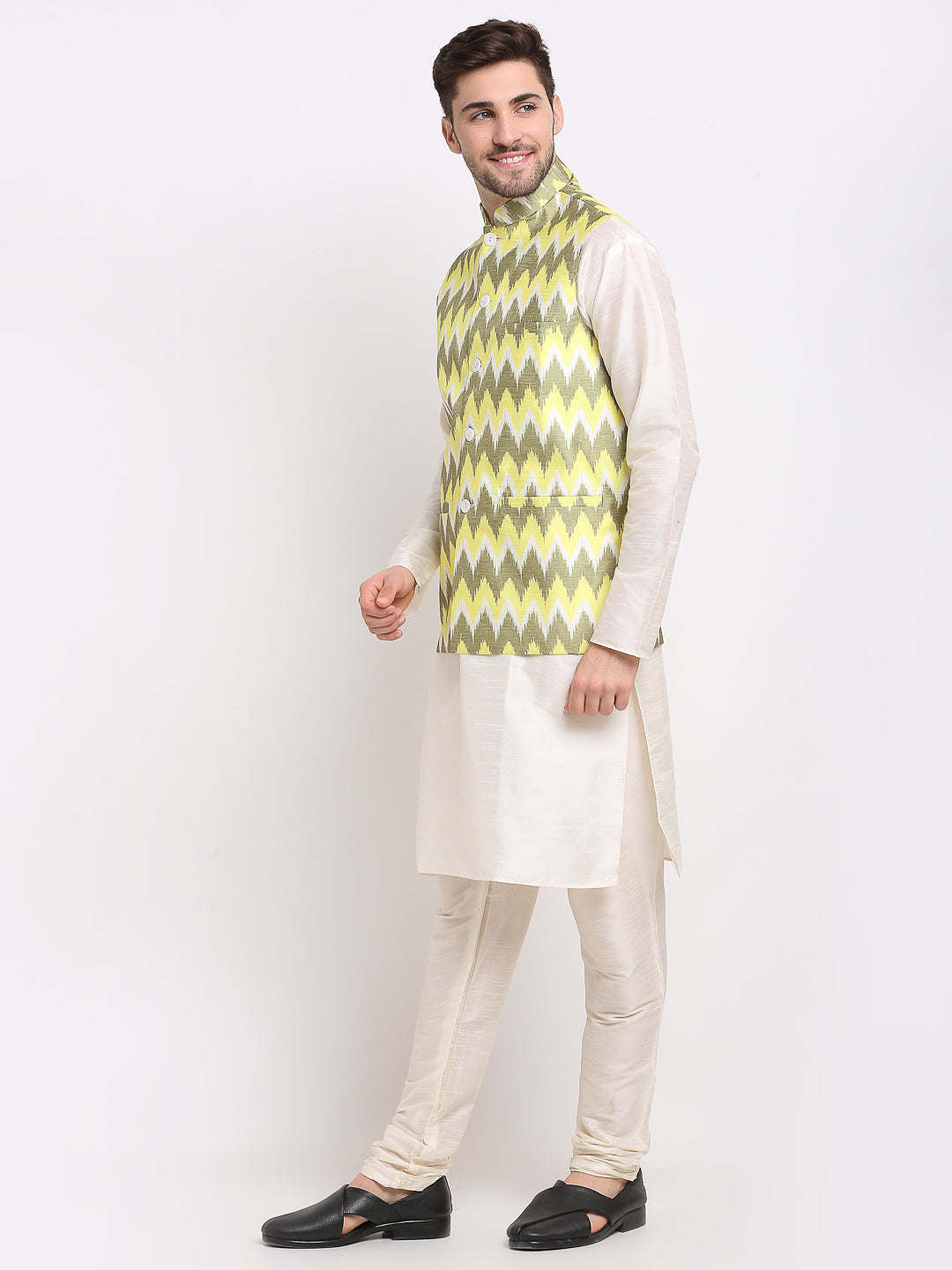 Jompers Men's Ikat Print Nehru Jacket & Kurta Pyjama ( Multi-Olive ) | Grocsy