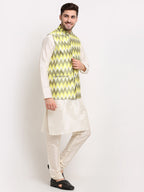 Jompers Men's Ikat Print Nehru Jacket & Kurta Pyjama ( Multi-Olive ) | Grocsy