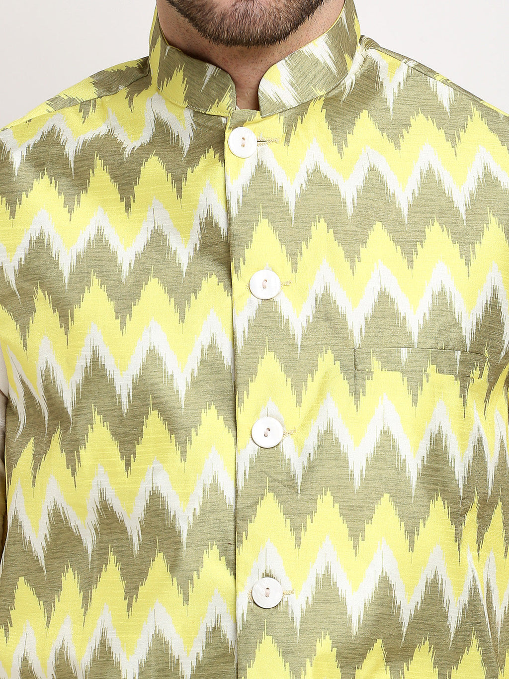 Jompers Men's Ikat Print Nehru Jacket & Kurta Pyjama ( Multi-Olive ) | Grocsy