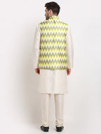 Jompers Men's Ikat Print Nehru Jacket & Kurta Pyjama ( Multi-Olive ) | Grocsy
