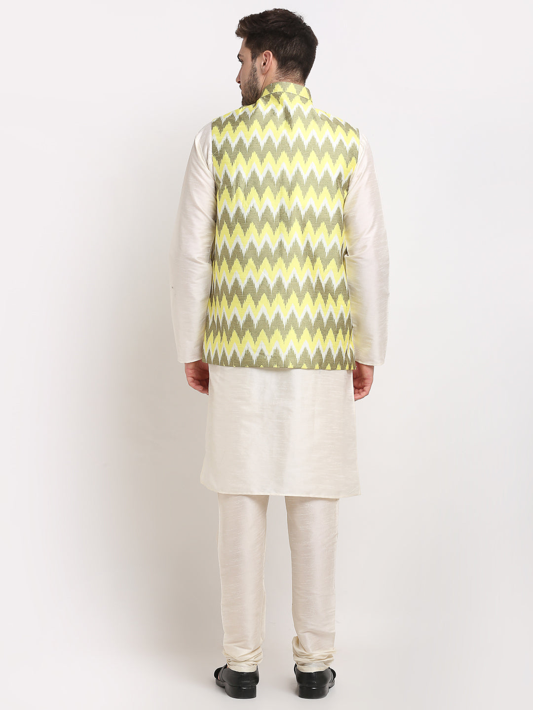 Jompers Men's Ikat Print Nehru Jacket & Kurta Pyjama ( Multi-Olive ) | Grocsy