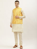 Jompers Men's Ikat Print Nehru Jacket & Kurta Pyjama ( Mustard ) | Grocsy