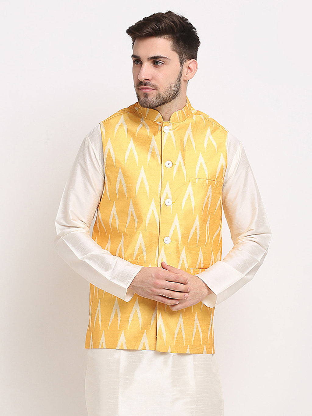 Jompers Men's Mustard Ikat Printed Nehru Jacket | Grocsy