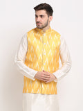 Jompers Men's Mustard Ikat Printed Nehru Jacket | Grocsy