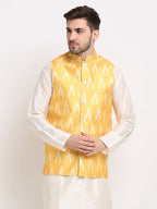 Jompers Men's Mustard Ikat Printed Nehru Jacket | Grocsy