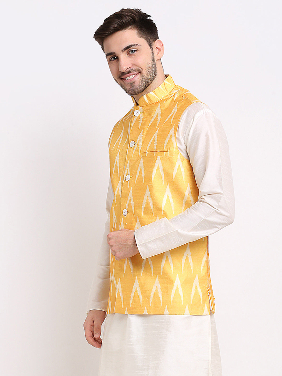 Jompers Men's Mustard Ikat Printed Nehru Jacket | Grocsy