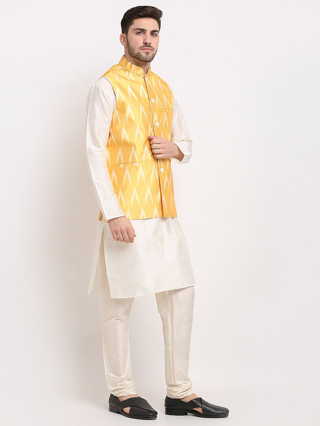 Jompers Men's Mustard Ikat Printed Nehru Jacket | Grocsy
