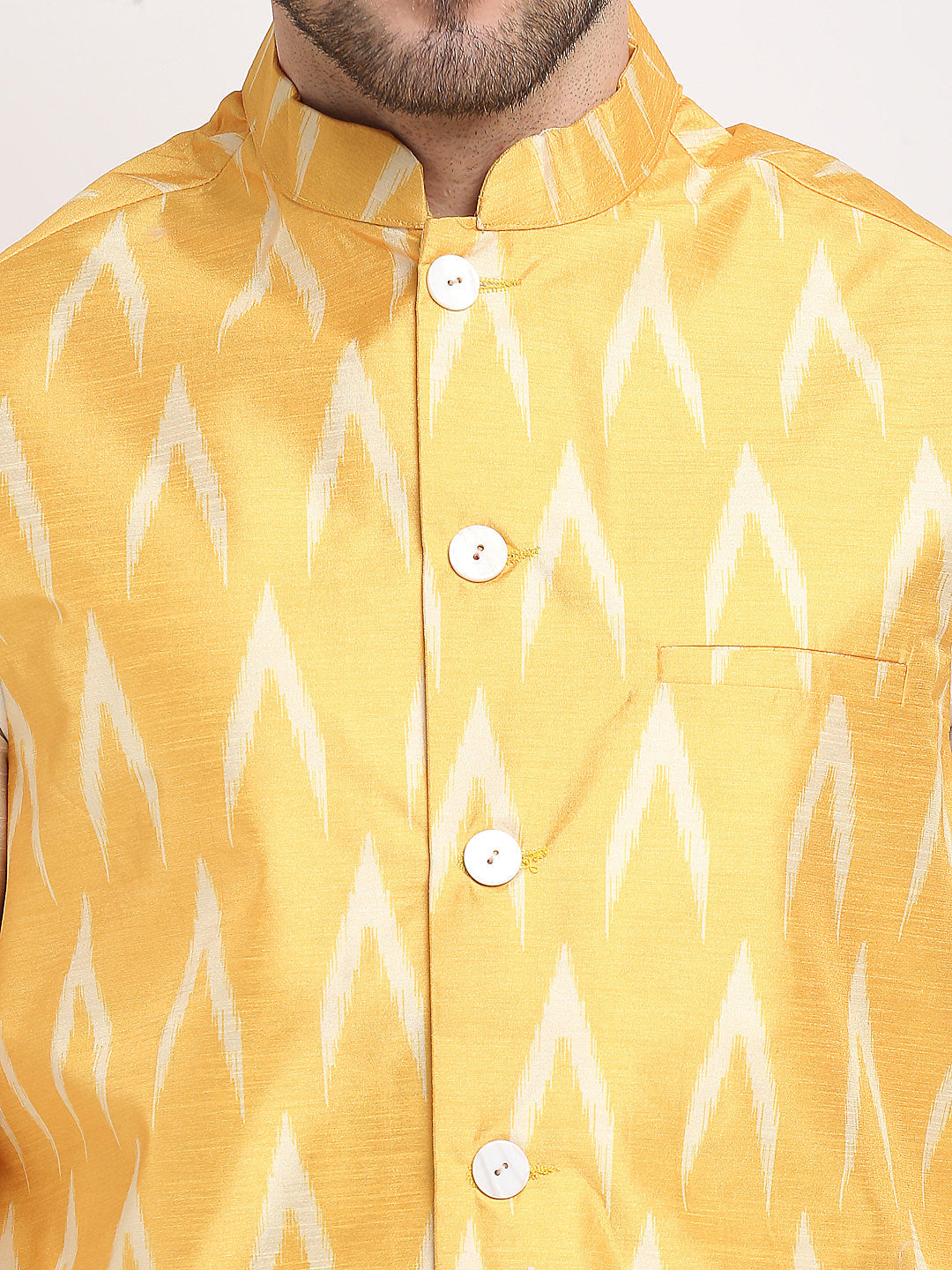 Jompers Men's Mustard Ikat Printed Nehru Jacket | Grocsy