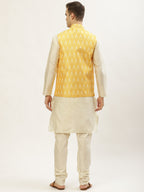 Jompers Men's Ikat Print Nehru Jacket & Kurta Pyjama ( Mustard ) | Grocsy