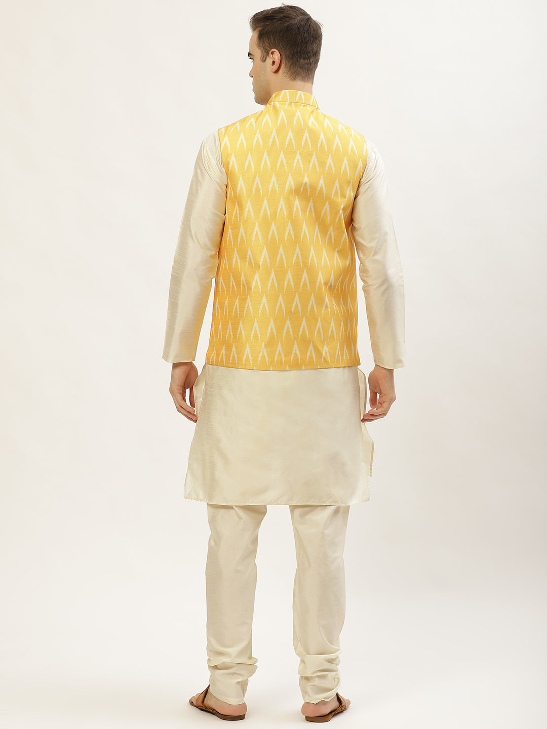 Jompers Men's Ikat Print Nehru Jacket & Kurta Pyjama ( Mustard ) | Grocsy