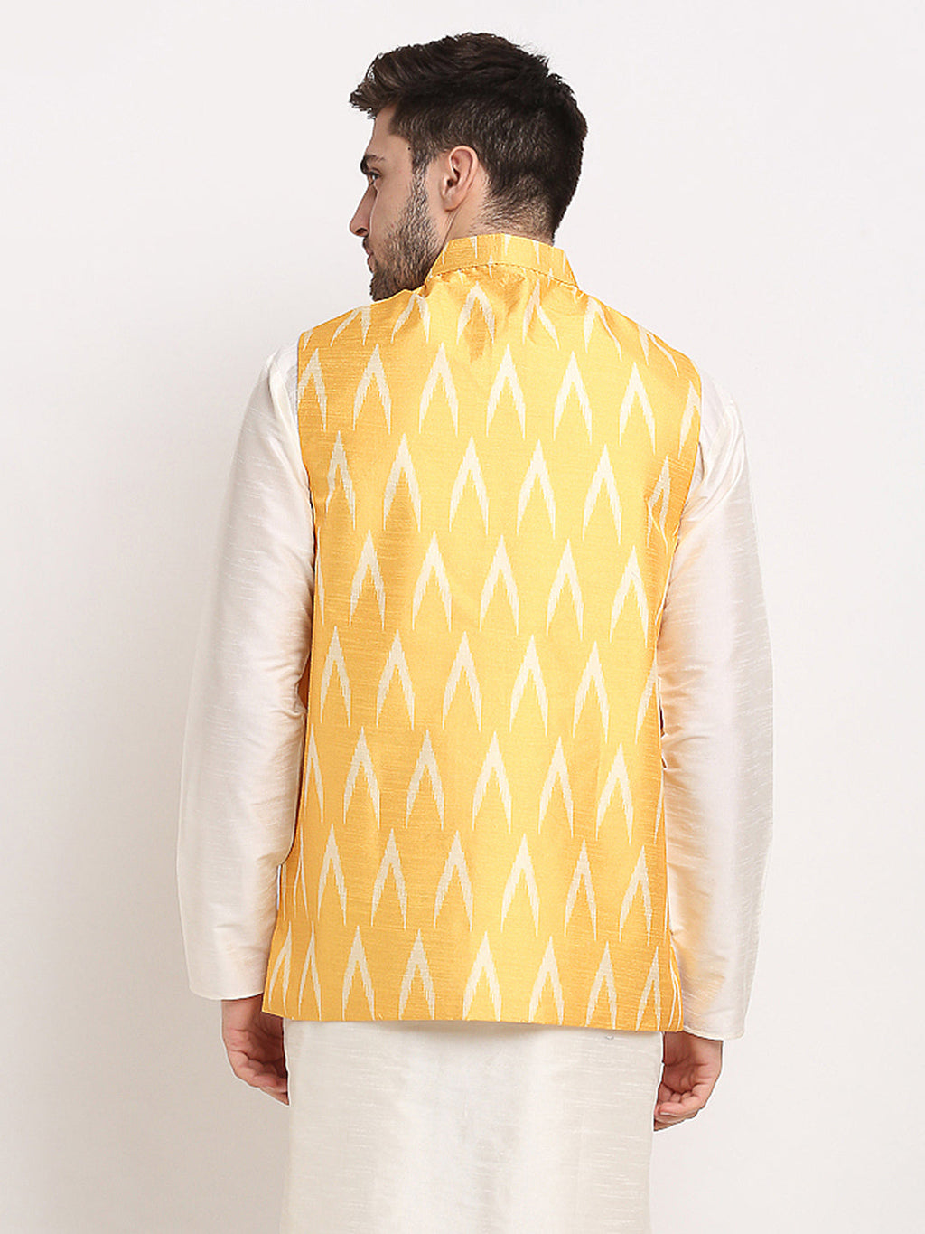 Jompers Men's Mustard Ikat Printed Nehru Jacket | Grocsy
