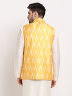 Jompers Men's Mustard Ikat Printed Nehru Jacket | Grocsy