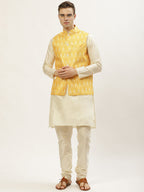 Jompers Men's Ikat Print Nehru Jacket & Kurta Pyjama ( Mustard ) | Grocsy