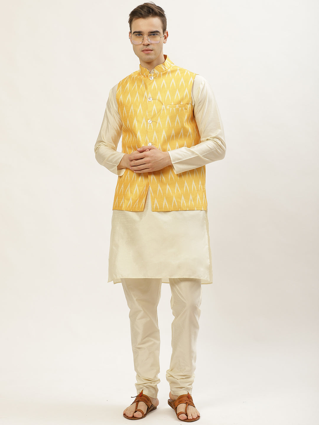 Jompers Men's Ikat Print Nehru Jacket & Kurta Pyjama ( Mustard ) | Grocsy