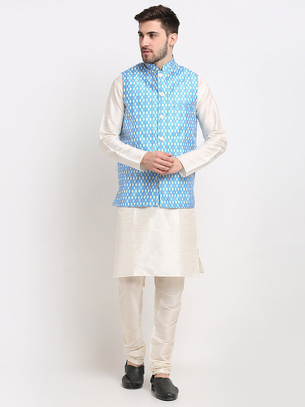 Jompers Men's Ikat Print Nehru Jacket & Kurta Pyjama | Grocsy