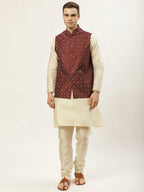Jompers Men's Printed Nehru Jacket and Kurta Pyjama Set - Maroon | Grocsy