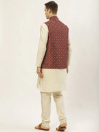Jompers Men's Printed Nehru Jacket and Kurta Pyjama Set - Maroon | Grocsy