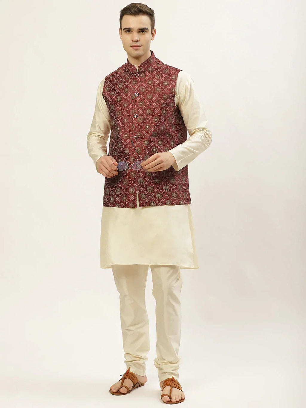 Jompers Men's Printed Nehru Jacket and Kurta Pyjama Set - Maroon | Grocsy
