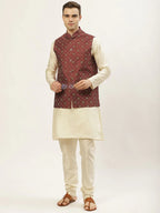 Jompers Men's Printed Nehru Jacket and Kurta Pyjama Set - Maroon | Grocsy