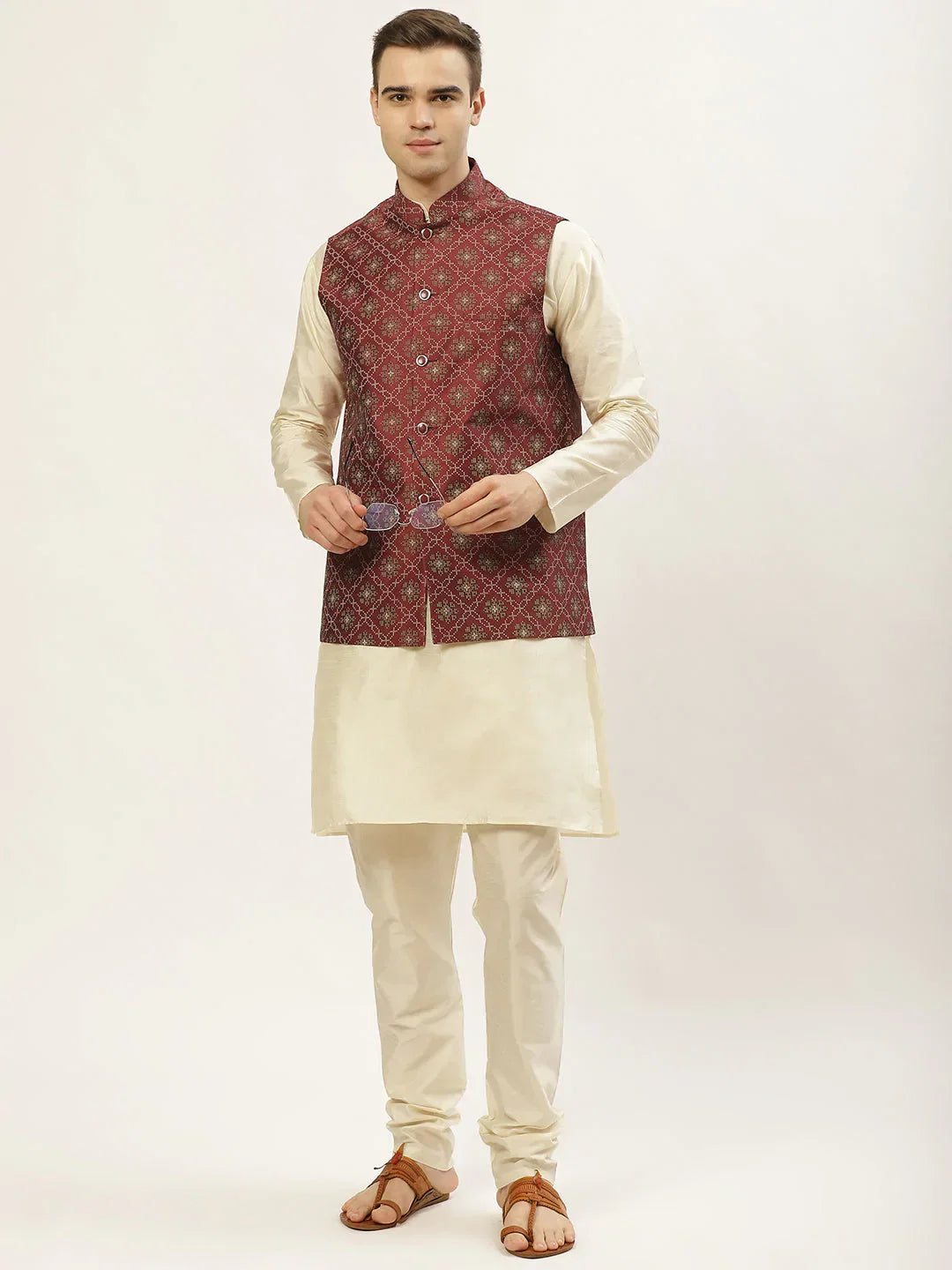 Jompers Men's Printed Nehru Jacket and Kurta Pyjama Set - Maroon | Grocsy