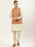 Jompers Men's Printed Nehru Jacket and Kurta Pyjama Set - Orange | Grocsy
