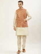 Jompers Men's Printed Nehru Jacket and Kurta Pyjama Set - Orange | Grocsy