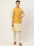 Jompers Men's Solid Kurta Pyjama With Floral Mustard Printed Nehru Jacket | Grocsy