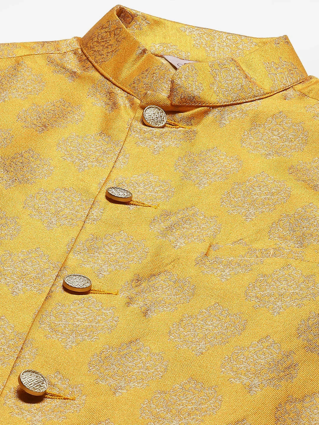 Jompers Men's Solid Kurta Pyjama With Floral Mustard Printed Nehru Jacket | Grocsy