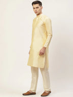 Jompers Men's Solid Kurta Pyjama With Floral Mustard Printed Nehru Jacket | Grocsy