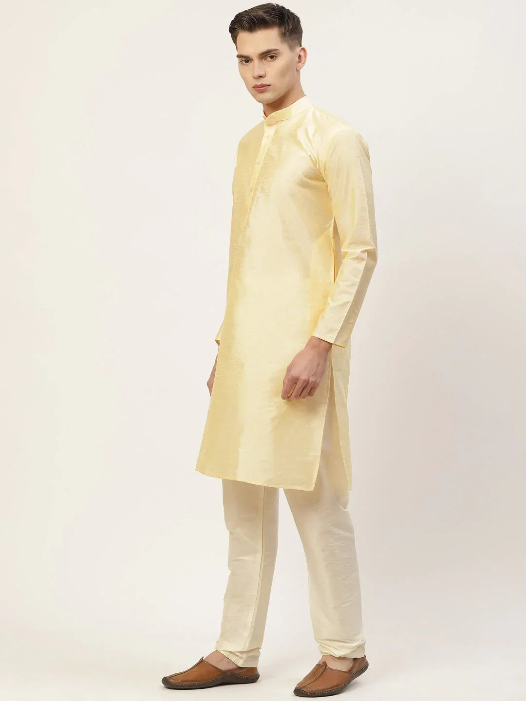Jompers Men's Solid Kurta Pyjama With Floral Mustard Printed Nehru Jacket | Grocsy