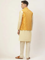 Jompers Men's Solid Kurta Pyjama With Floral Mustard Printed Nehru Jacket | Grocsy