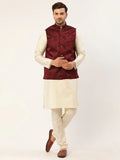 Jompers Men's Solid Kurta Pyjama With Maroon Floral Embroidered Nehru Jacket | Grocsy