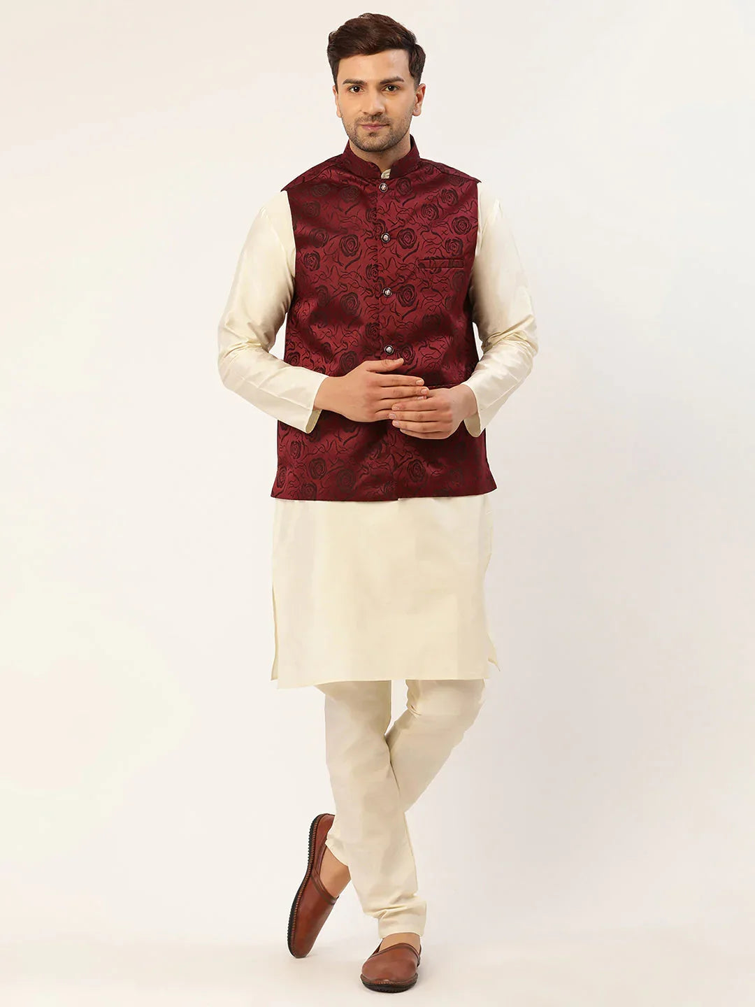 Jompers Men's Solid Kurta Pyjama With Maroon Floral Embroidered Nehru Jacket | Grocsy