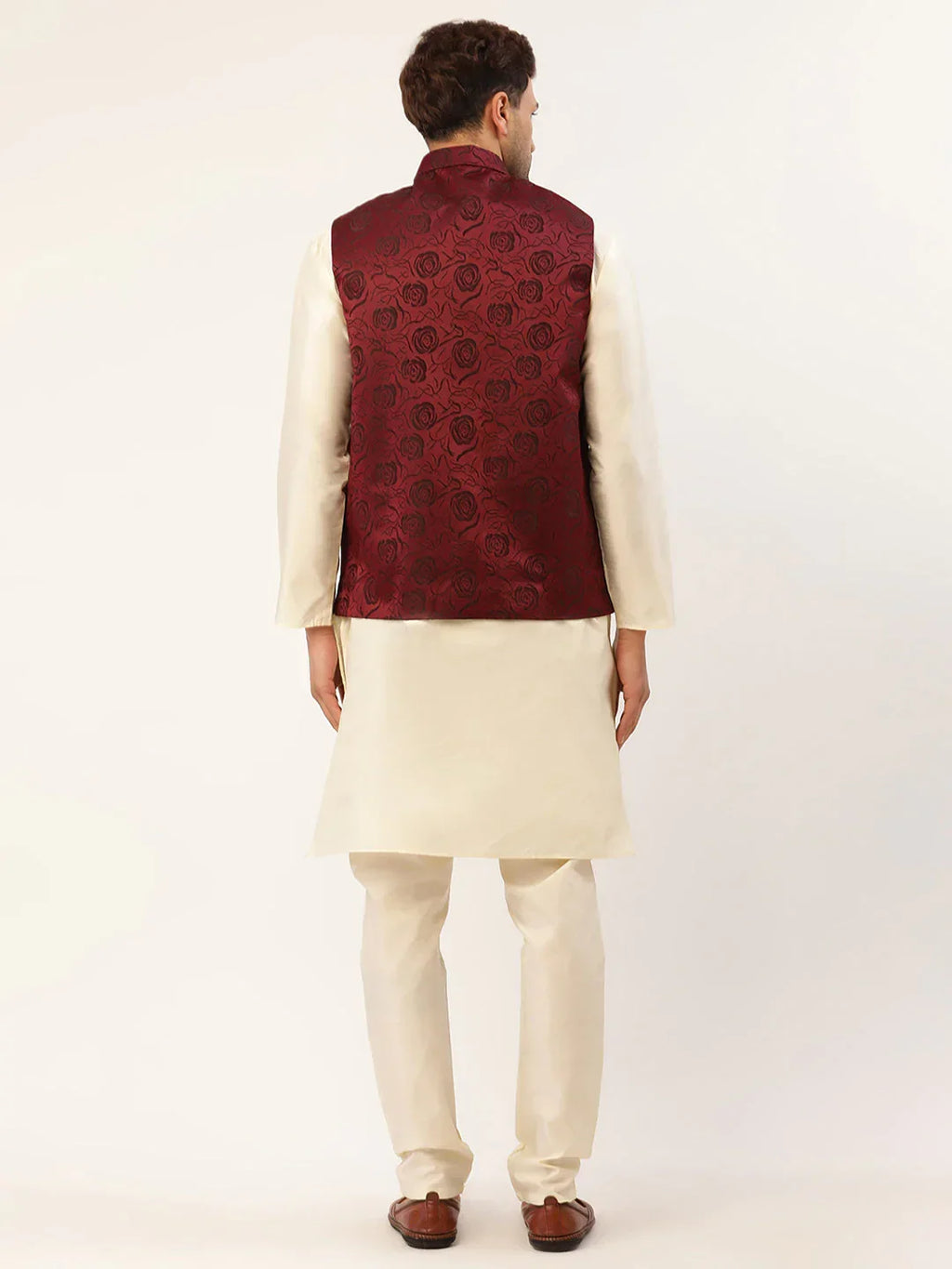 Jompers Men's Solid Kurta Pyjama With Maroon Floral Embroidered Nehru Jacket | Grocsy