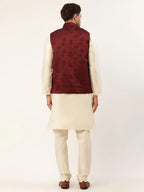 Jompers Men's Solid Kurta Pyjama With Maroon Floral Embroidered Nehru Jacket | Grocsy