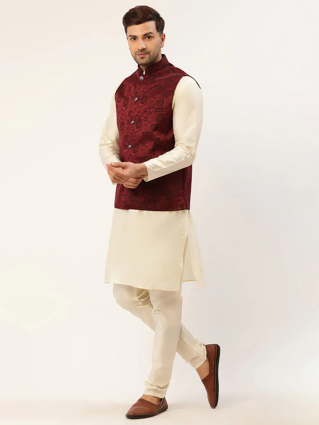 Jompers Men's Solid Kurta Pyjama With Maroon Floral Embroidered Nehru Jacket | Grocsy