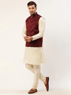 Jompers Men's Solid Kurta Pyjama With Maroon Floral Embroidered Nehru Jacket | Grocsy