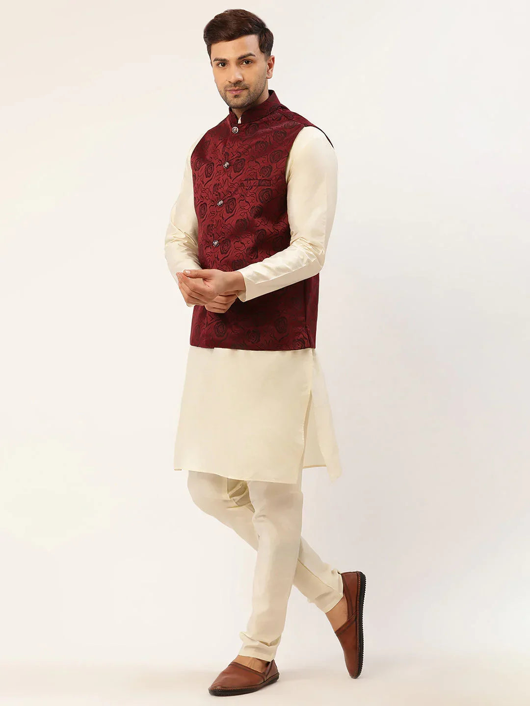 Jompers Men's Solid Kurta Pyjama With Maroon Floral Embroidered Nehru Jacket | Grocsy