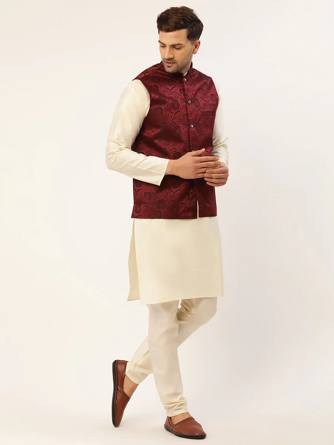 Jompers Men's Solid Kurta Pyjama With Maroon Floral Embroidered Nehru Jacket | Grocsy