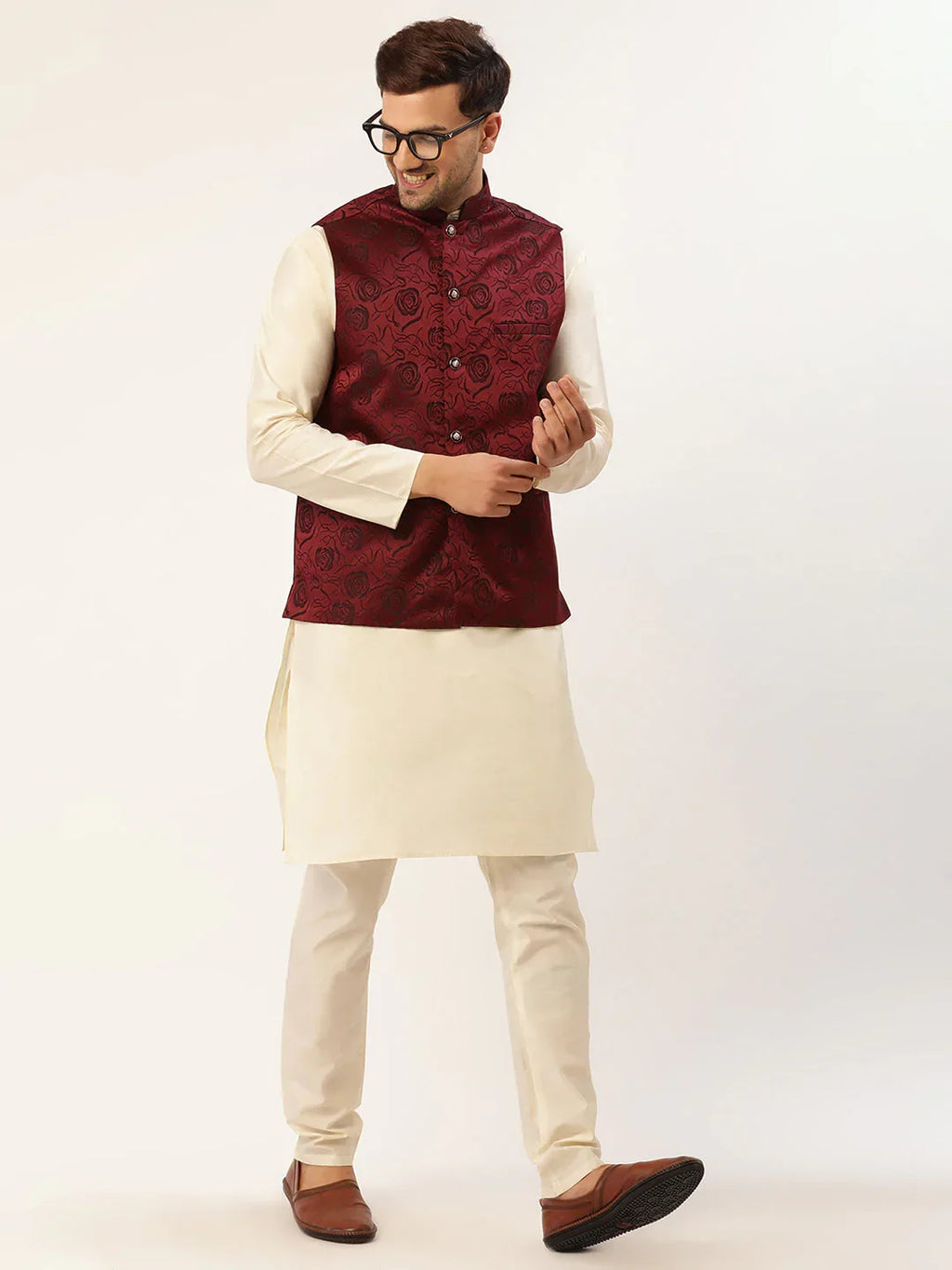 Jompers Men's Solid Kurta Pyjama With Maroon Floral Embroidered Nehru Jacket | Grocsy