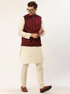 Jompers Men's Solid Kurta Pyjama With Maroon Floral Embroidered Nehru Jacket | Grocsy