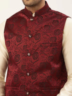 Jompers Men's Solid Kurta Pyjama With Maroon Floral Embroidered Nehru Jacket | Grocsy