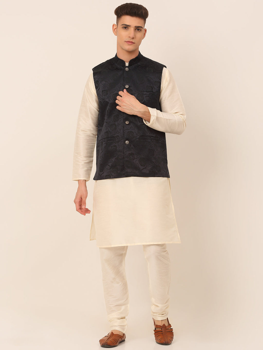 Jompers Men's Solid Kurta Pyjama With Floral Embroidered Nehru Jacket - Navy Blue | Grocsy