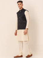 Jompers Men's Solid Kurta Pyjama With Floral Embroidered Nehru Jacket - Navy Blue | Grocsy